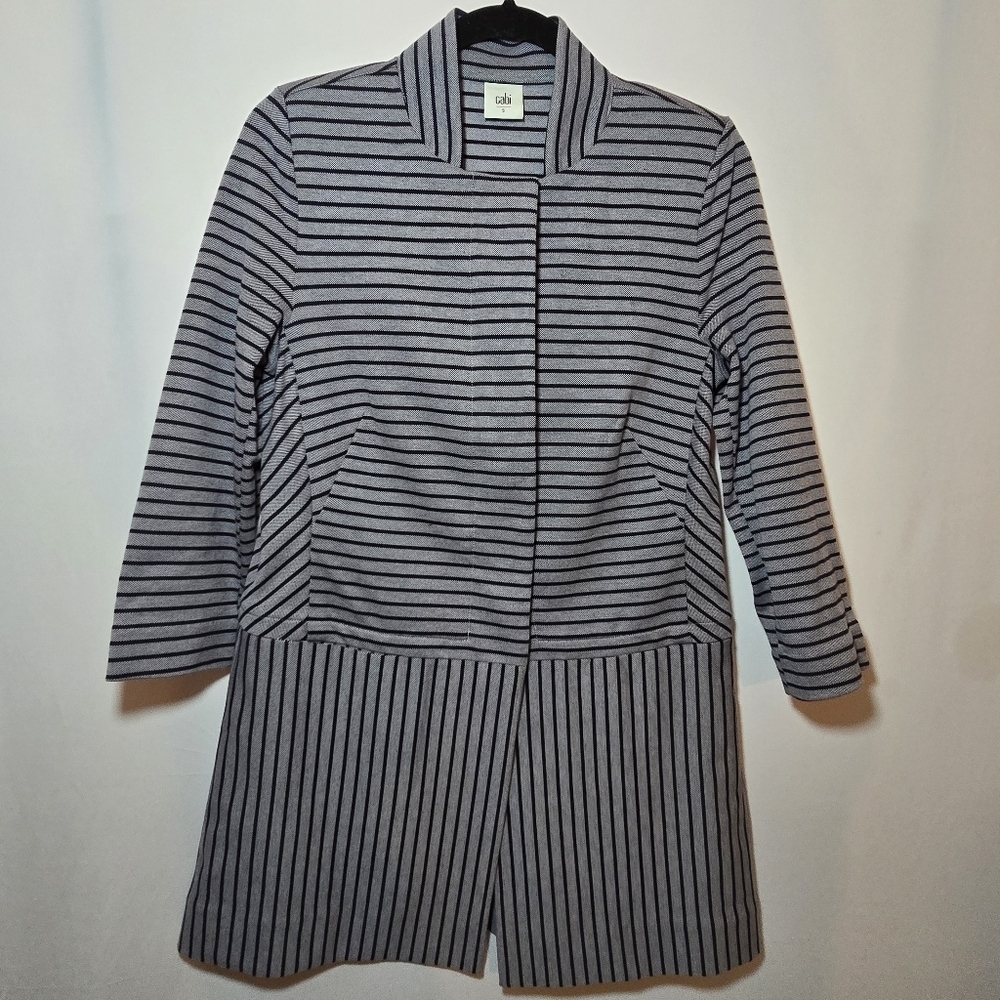 Cabi Cotton Blend Striped Structured Mandarin Collar Long Line Blazer Jacket, S